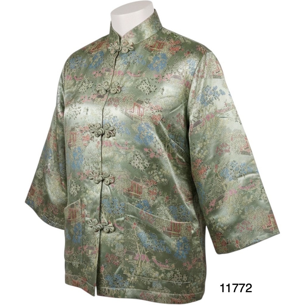 Mandarin Fashion Chinese Jacket Women's Medium Green Floral Print Button Up